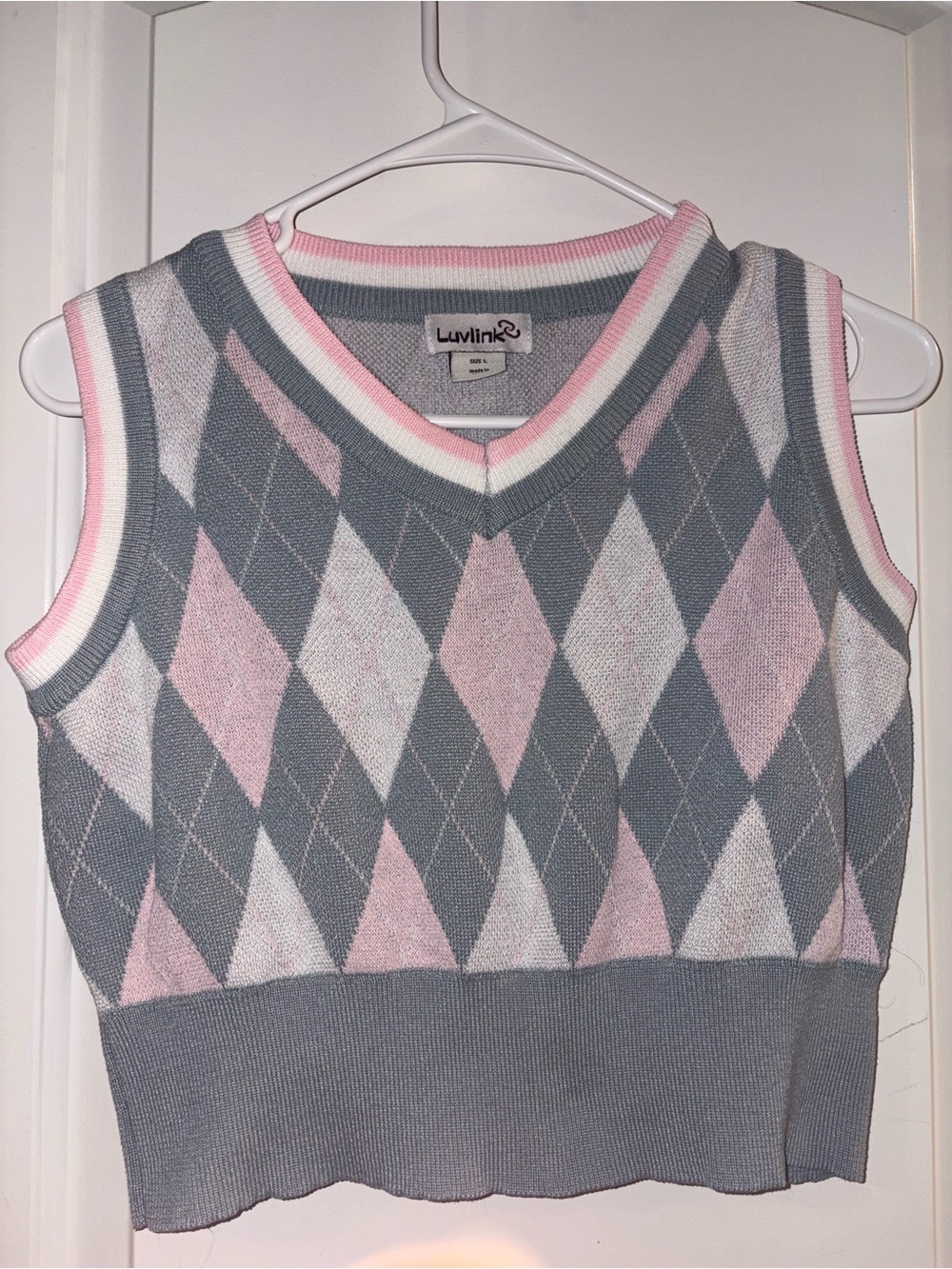Link Gray and Pink Argyle V-Neck Sweater Vest